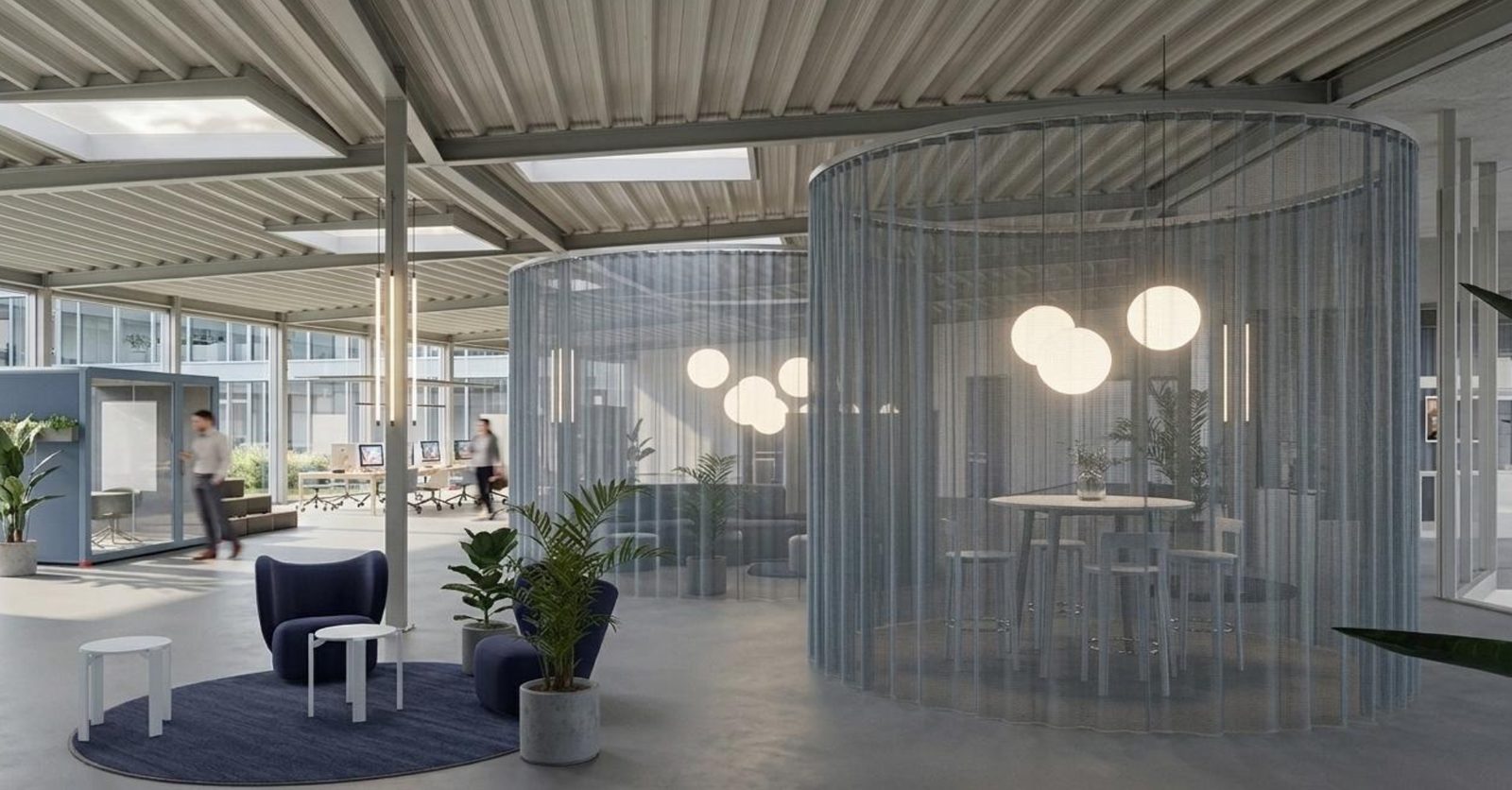 Rendering of the curtained meeting circles with lounge seating in front