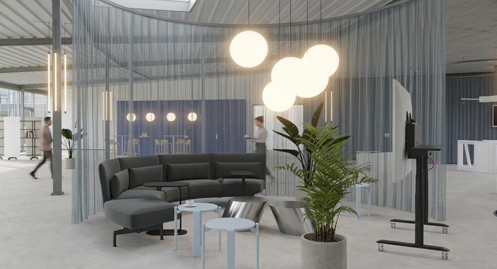 Rendering of the curved sofa inside the curtained lounge circle