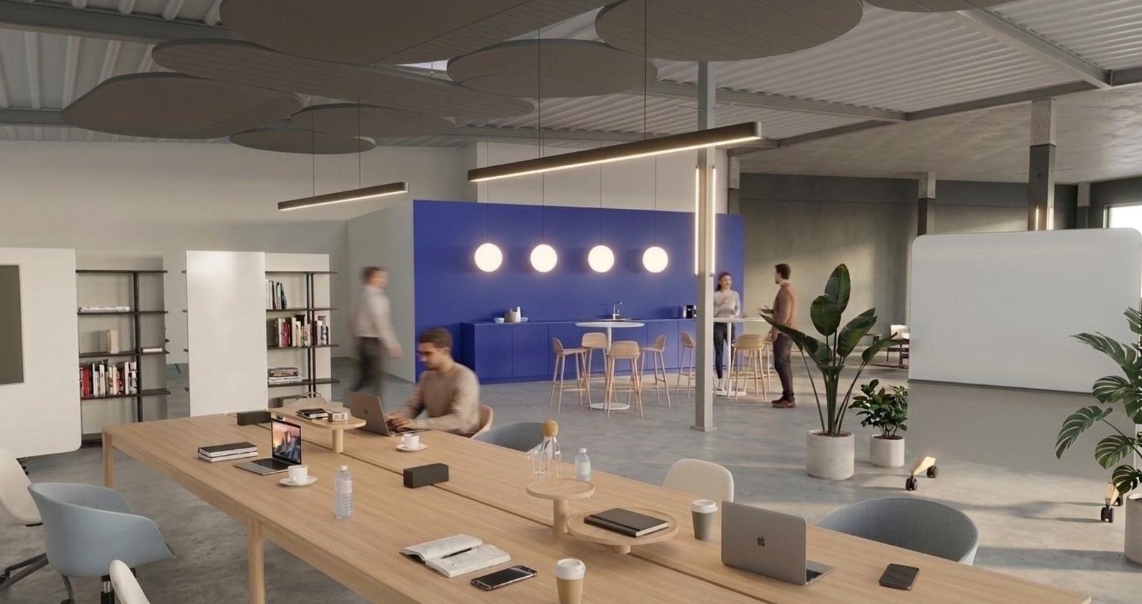 Rendering of the long worktable with the blue café wall behind