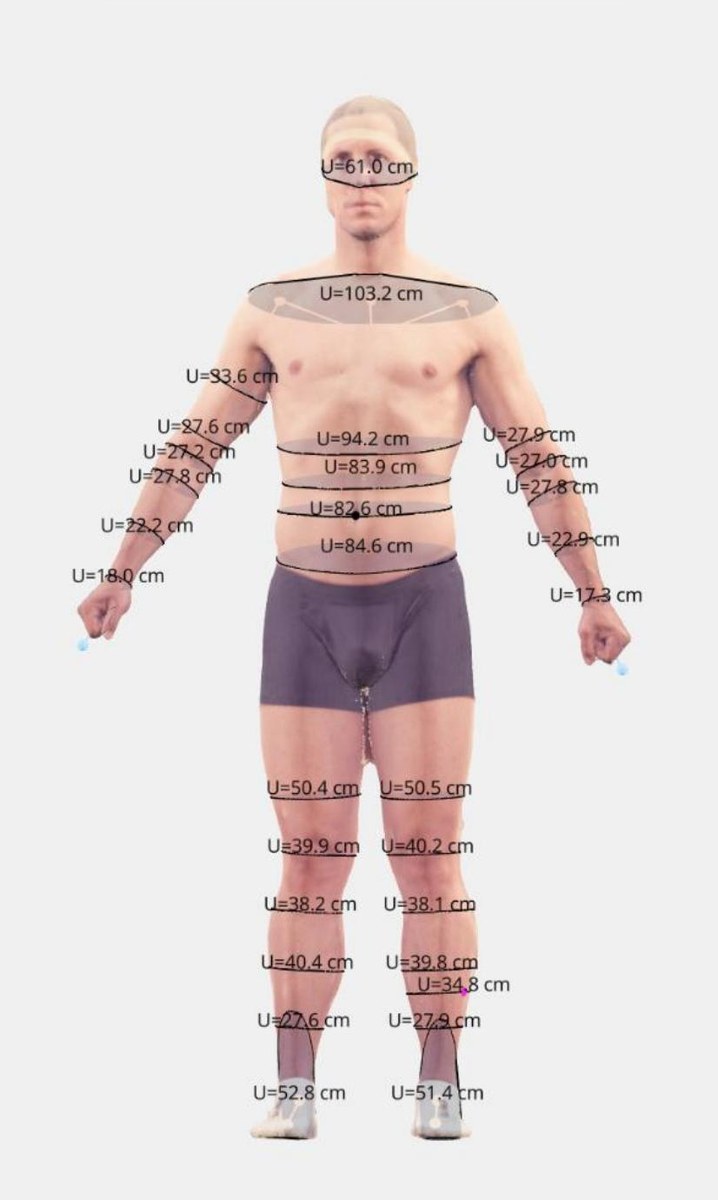 A front-view body scan output showing a person's silhouette with circumference measurements labelled at the neck, chest, waist, hips, arms and legs, each in centimetres.