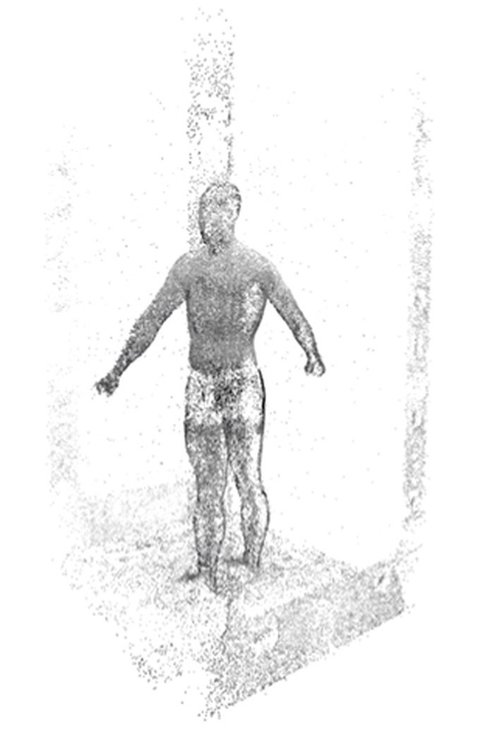 A raw point cloud of a standing person captured by the scanner, arms slightly out from the body.